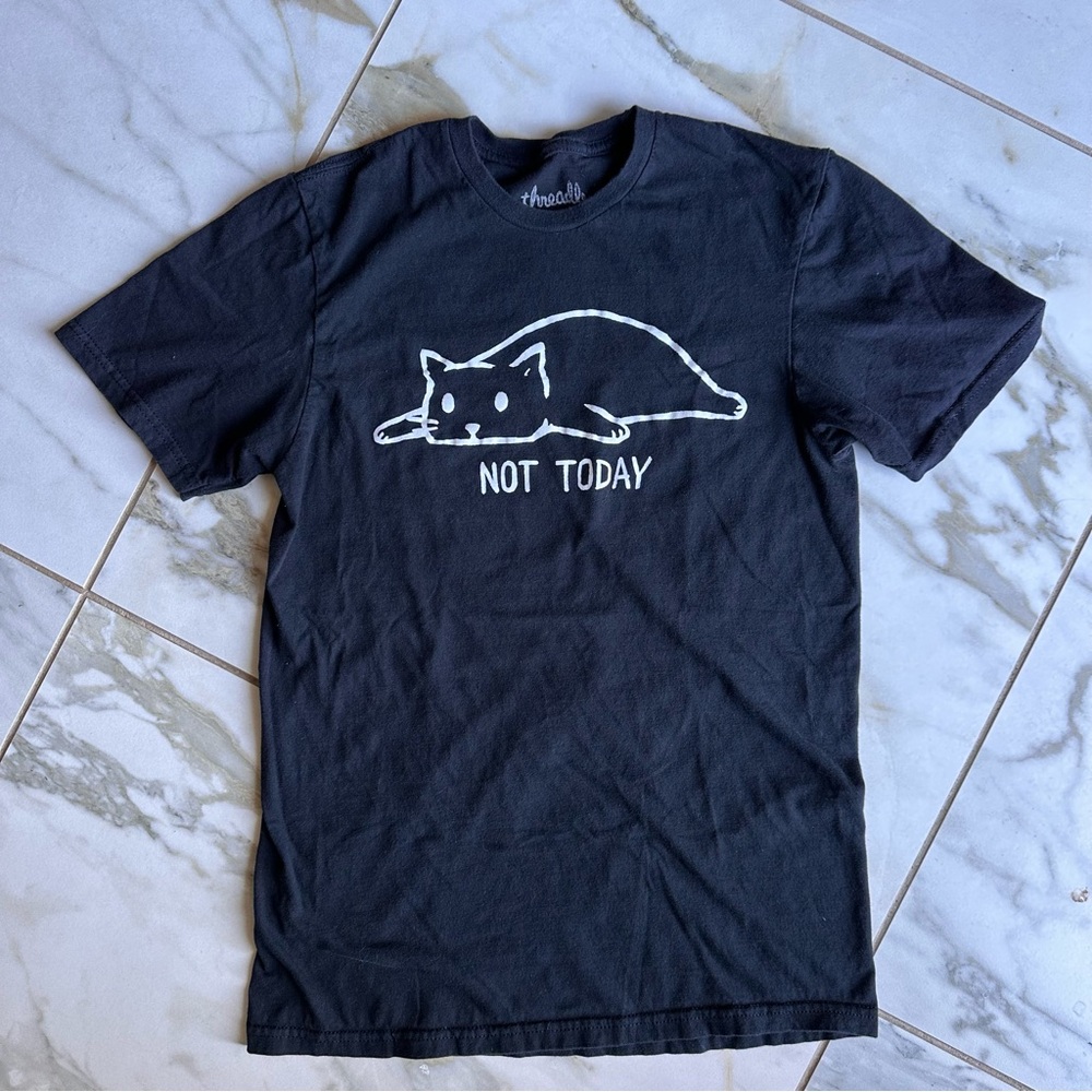 Threadless Black 'Not Today' Cat Tee with White Graphic Short Sleeve Cotton